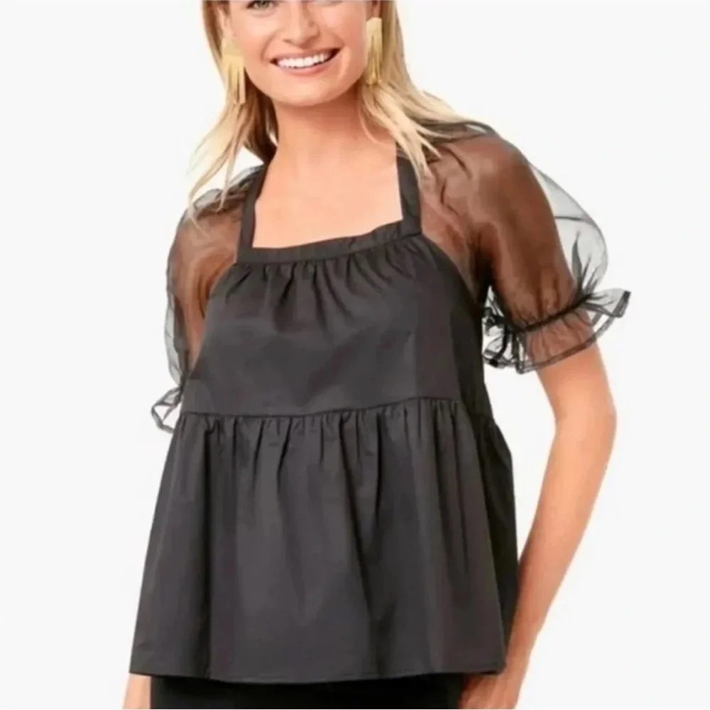 Pomander Place Tuckernuck Women's Black Tinsley Top Blouse Sheer Puff Sleeve XS